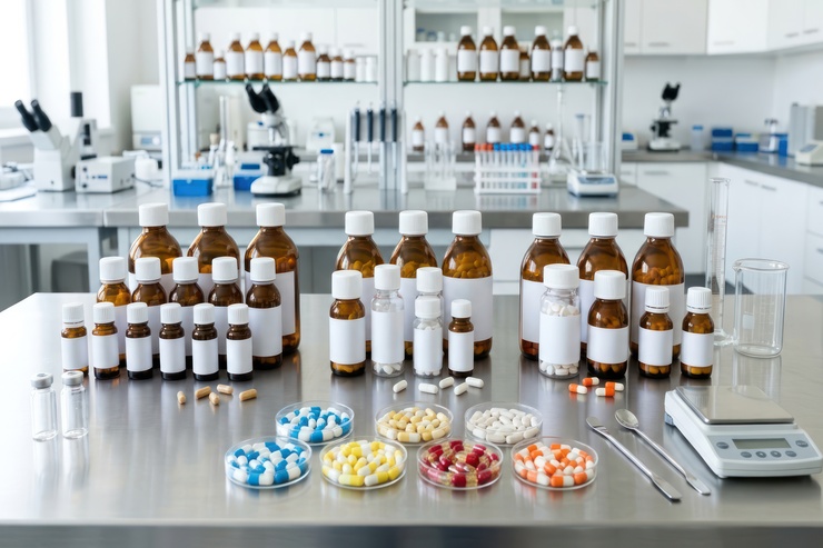 Pharmaceutical professionals reviewing a specialty medicine vial and product specifications